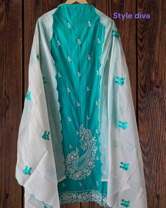 Cotton Parsi Embroidery Unstitched Suit with Mul Cotton Scalloped Edges Dupatta