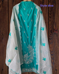 Cotton Parsi Embroidery Unstitched Suit with Mul Cotton Scalloped Edges Dupatta