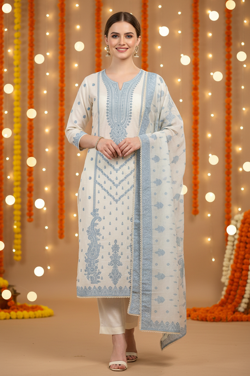 Pure Cotton Weaving Embroidery Unstitched Suit with Coordinated Dupatta