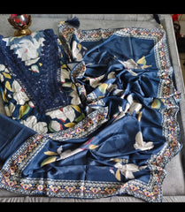 Pure Cotton Printed Unstitched Suit Set with crochia lacing rayon bottom n muslin digital print dupatta  – 3PC Set