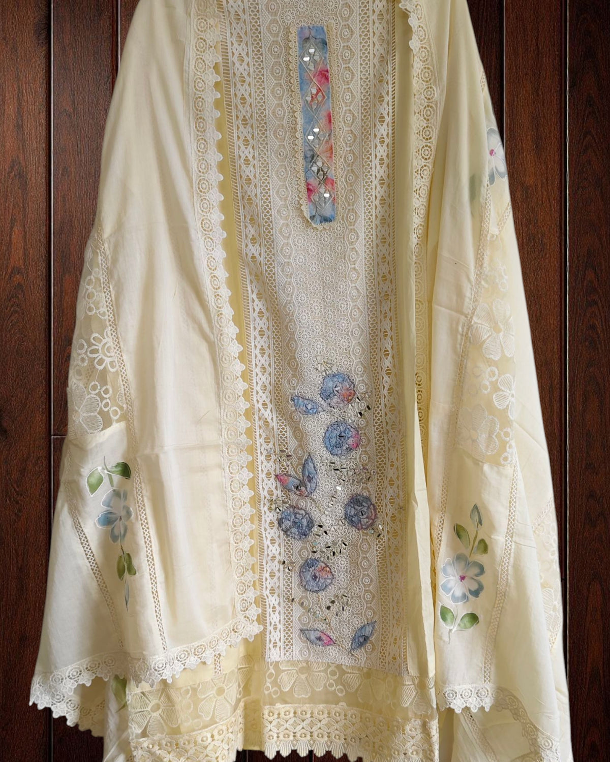 Elegant embroided lacing  mirror work applique work Unstitched Suit – Cotton Kurta &  cotton Soft Dupatta with crochia lacing n cotton bottom