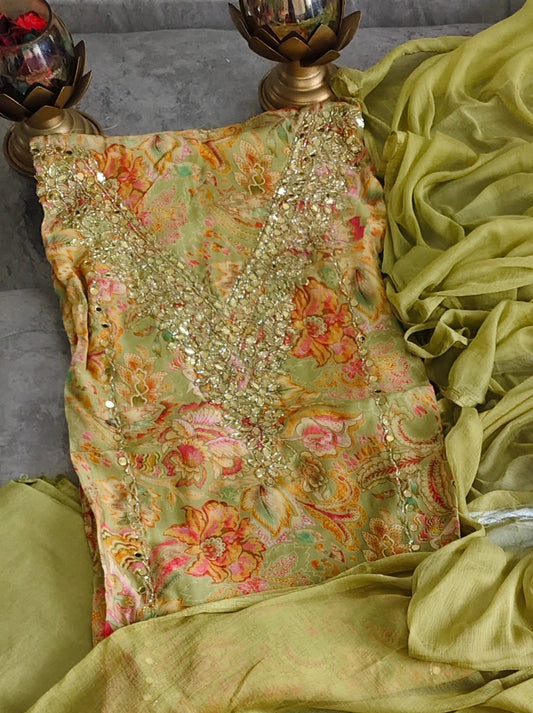 Soft Organza Suit Set with Mirror Sequin Hand Work – Unstitched Grace