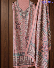 (Pink)Winter Wear- Elegant Self Embroidery Pashmina Floral Printed Winter Suit Set
