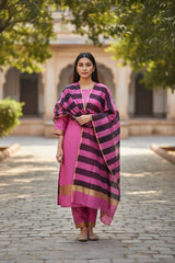 Elegant Maheshwari Silk Suit with Banarasi Border