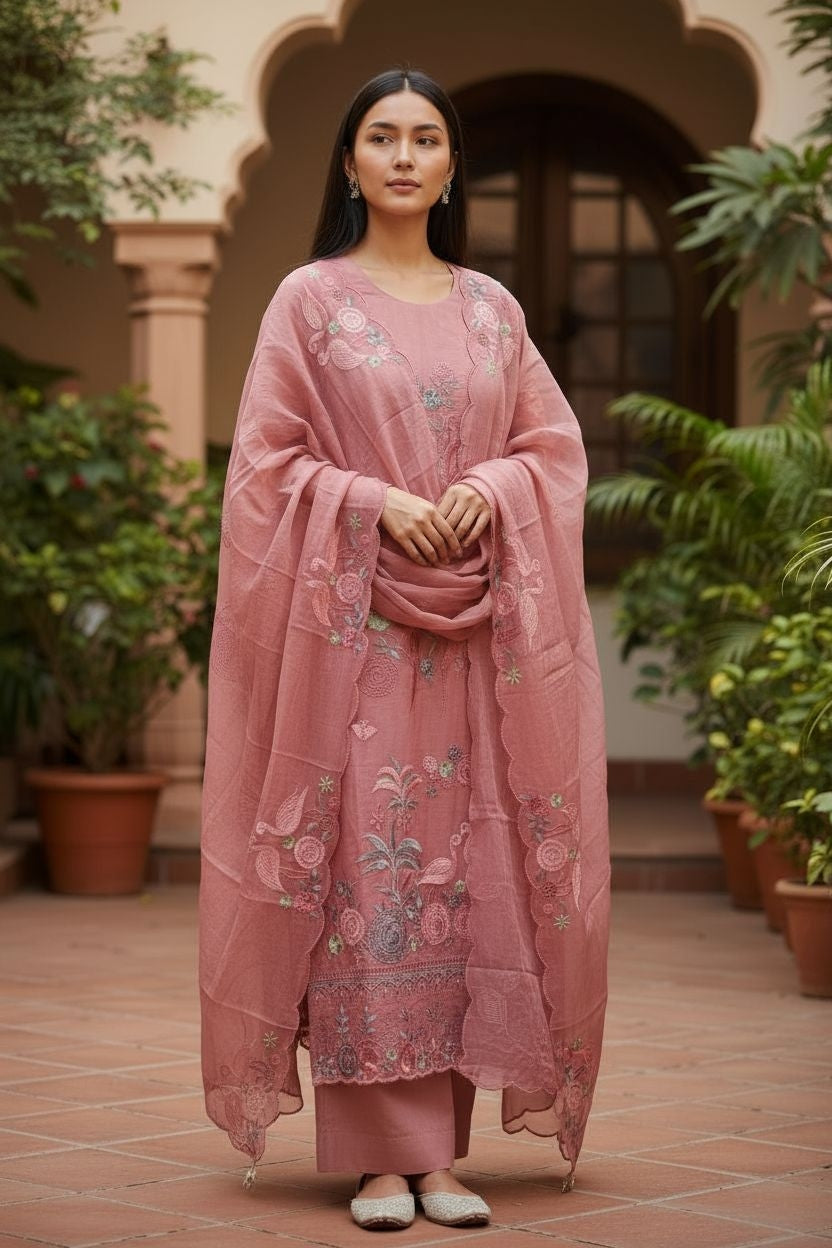 Exquisite Mul Chanderi Ensemble Adorned with Parsi Hand Embroidery