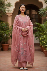 Exquisite Mul Chanderi Ensemble Adorned with Parsi Hand Embroidery