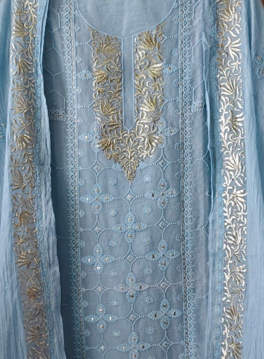 Mul Cotton Parsi Embroidered Unstitched Suit with Pita Work Dupatta