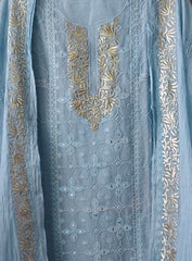 Mul Cotton Parsi Embroidered Unstitched Suit with Pita Work Dupatta