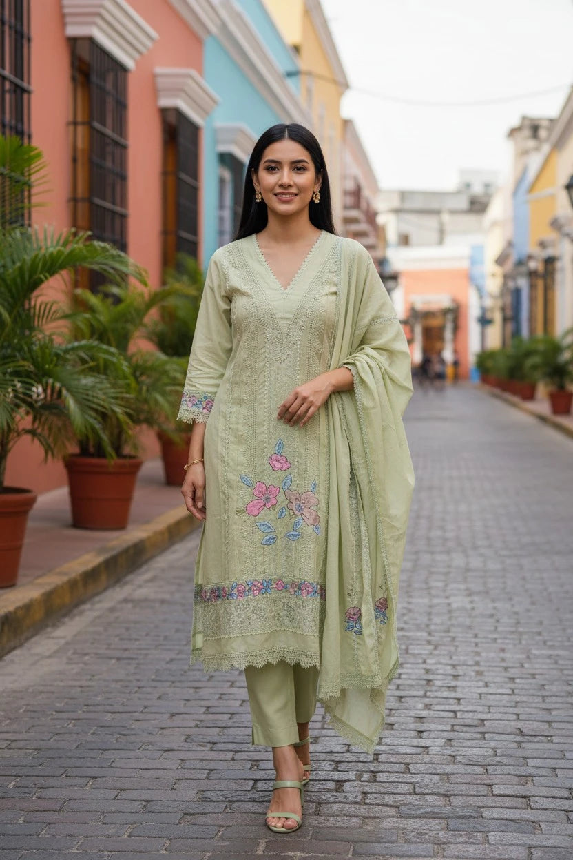 Cotton Khadi Pakistani Style Semi-Stitched Suit with Crochet Lacing & Faux Mirror Work