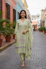 Cotton Khadi Pakistani Style Semi-Stitched Suit with Crochet Lacing & Faux Mirror Work