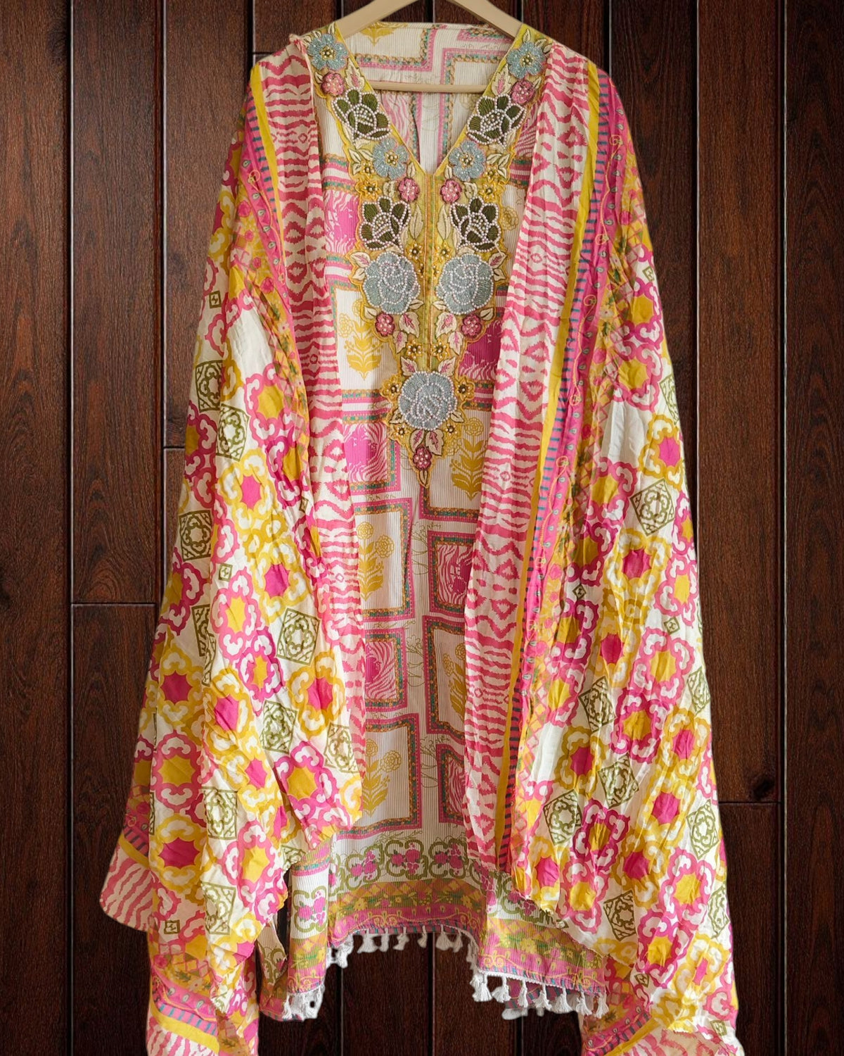 Cotton Digital Print Suit with beautiful  hand work on neck