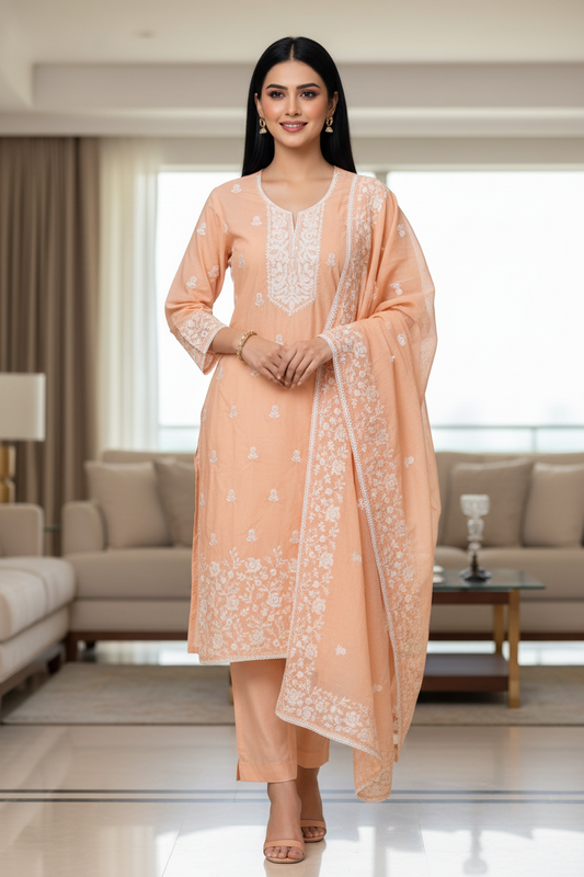 Mul Cotton Lucknowi Embroidered Un-Stitched Suit mul cotton dupatta with lucknowi embroidery
