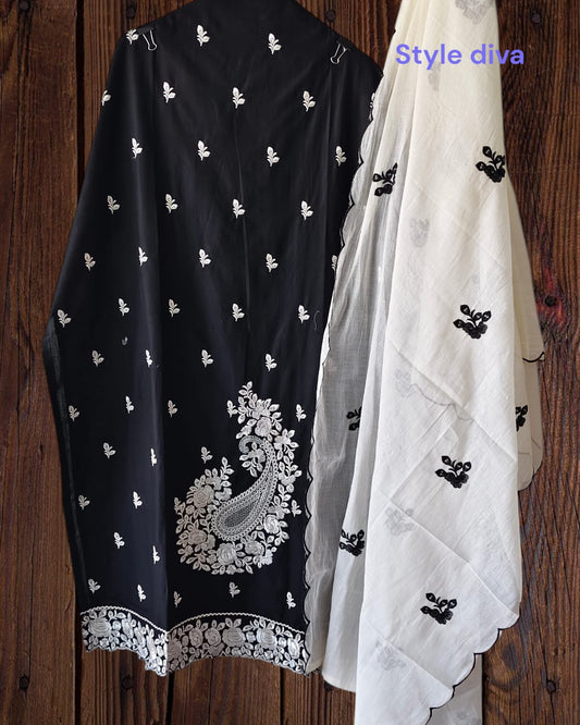 Cotton Parsi Embroidery Unstitched Suit with Mul Cotton Scalloped Edges Dupatta
