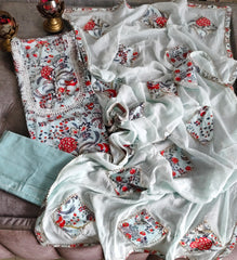 Pure Cotton Printed Unstitched Suit Set with hand work on neck  cotton bottom n mul cotton dupatta with applique work– 3PC Set