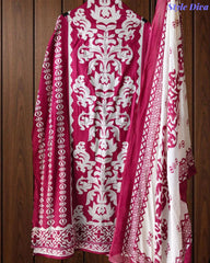 Cotton Digital Print Unstitched Suit with Bead Work and Mul Dupatta