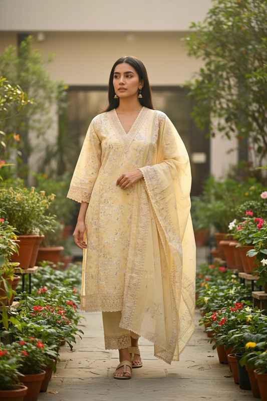 Pure Cotton Printed Crochet Lace Unstitched Suit with Cotton Dupatta