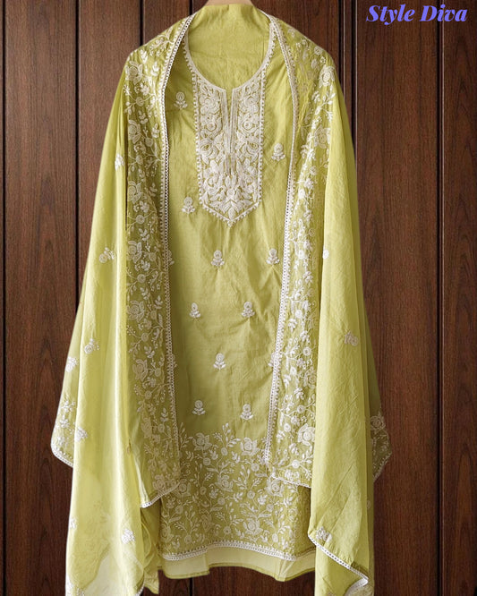 Mul Cotton Lucknowi Embroidered Un-Stitched Suit mul cotton dupatta with lucknowi embroidery