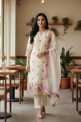 Elegant Tissue Suit with 3D Parsi Embroidery & Organza Dupatta