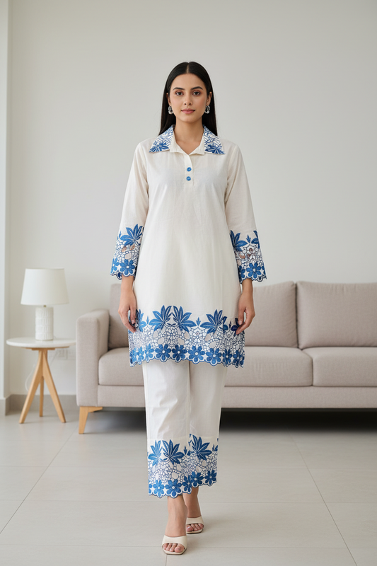 Pure Cotton Chikan-Kari Embroidered Co-Ord Set for Women (2 Pc Ready to Wear Set)