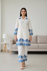 Pure Cotton Chikan-Kari Embroidered Co-Ord Set for Women (2 Pc Ready to Wear Set)