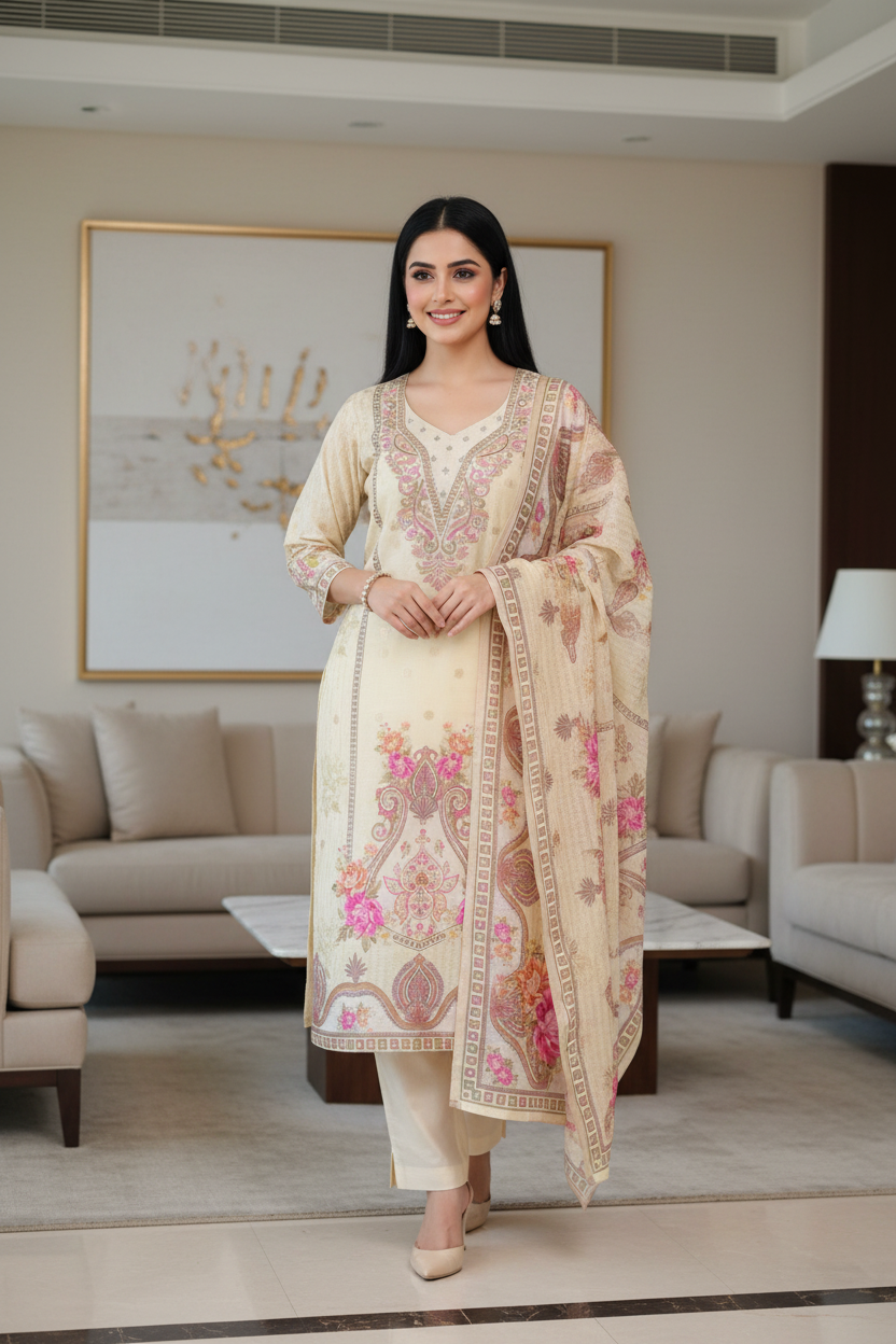 Kota Digital Printed Unstitched Suit with Pearl Highlighting and Printed Dupatta