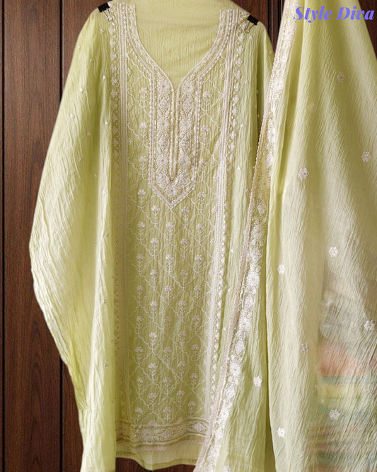 Mul Cotton Lucknowi Embroidered Un-Stitched Suit mul cotton dupatta with lucknowi