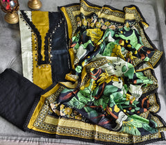Muslin Digital Printed Semi-Stitched Suit with hand Work & Croatia Lacing