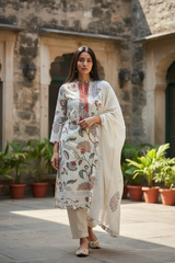 Pure Cotton Printed Applique Work Unstitched Suit with Crochet Lace Dupatta