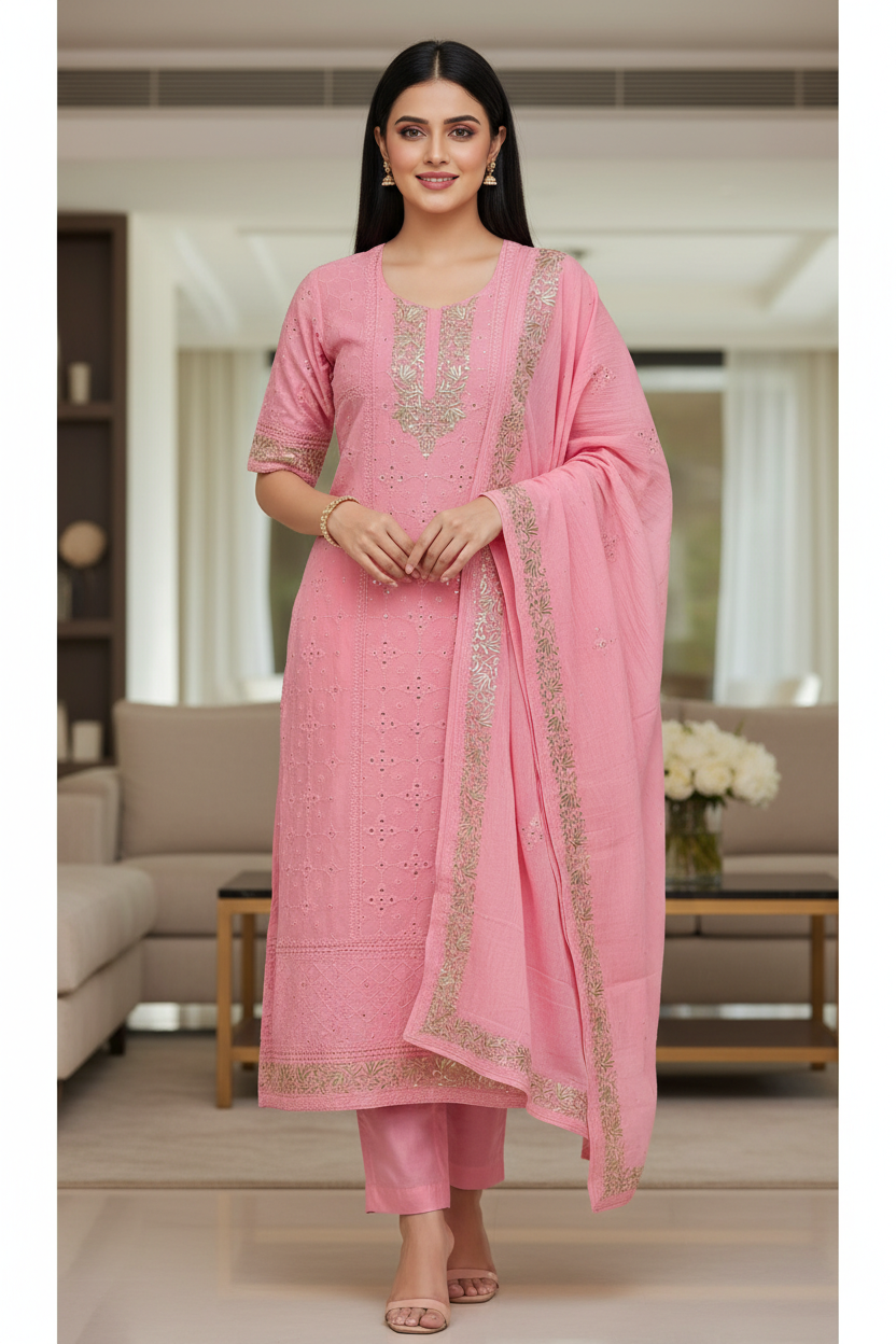 Mul Cotton Parsi Embroidered Unstitched Suit with Pita Work Dupatta