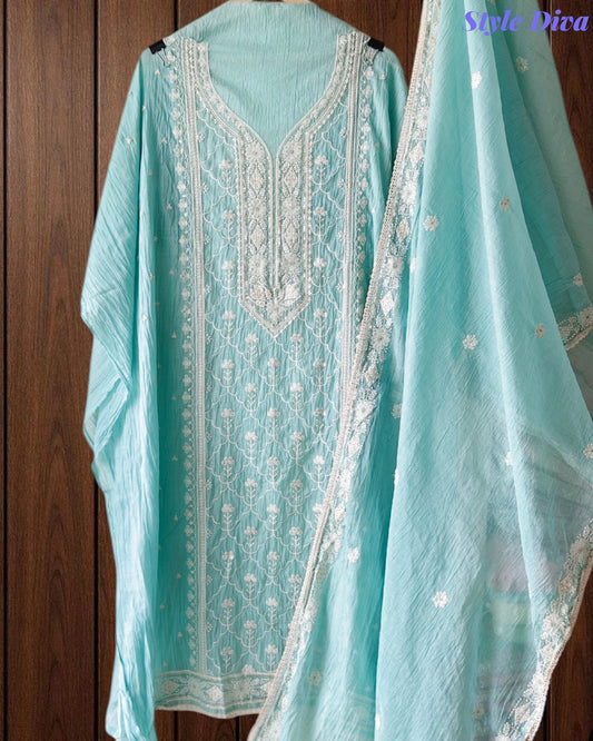 Mul Cotton Lucknowi Embroidered Un-Stitched Suit mul cotton dupatta with lucknowi