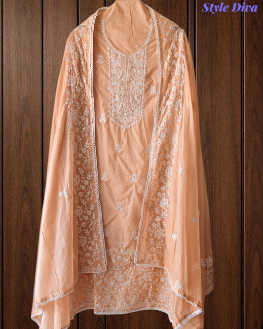 Mul Cotton Lucknowi Embroidered Un-Stitched Suit mul cotton dupatta with lucknowi embroidery