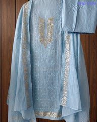 Mul Cotton Parsi Embroidered Unstitched Suit with Pita Work Dupatta