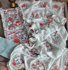 Pure Cotton Printed Unstitched Suit Set with hand work on neck  cotton bottom n mul cotton dupatta with applique work– 3PC Set