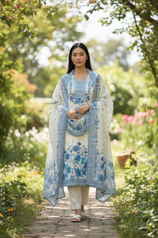 Cotton Digital Printed Kurta with Zari Highlighting & Printed Dupatta – Fully Stitched Cotton Suit Set