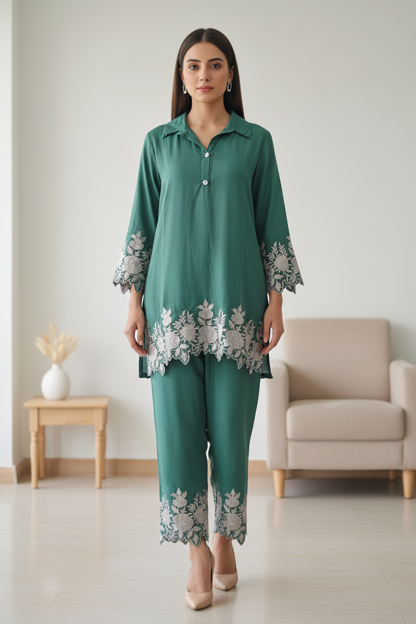 Elegant Rayon Thread Embroidered Co-Ord Set for Women (2 Pc Set)