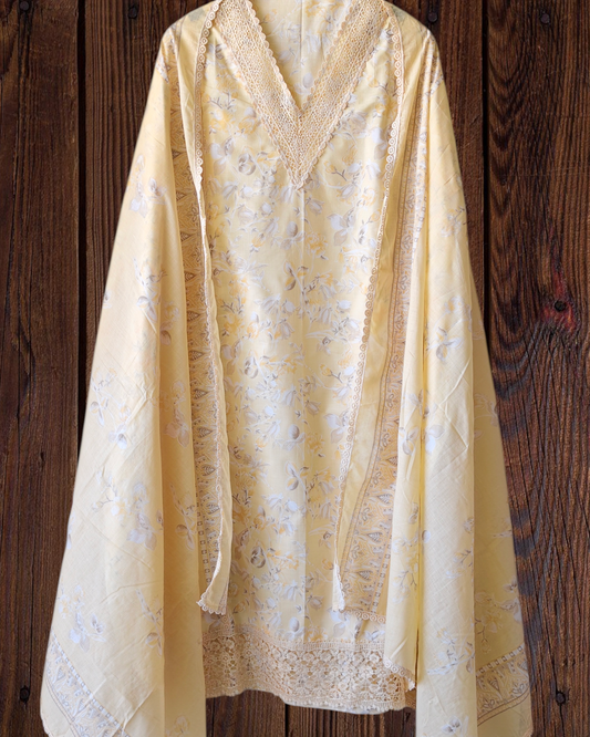 Pure Cotton Printed Crochet Lace Unstitched Suit with Cotton Dupatta