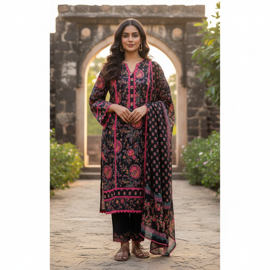 Cotton Pakistani Style Un-Stitched Suit with Crochet Lacing & Printed Dupatta