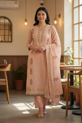 Crush Mul Cotton Block Print Unstitched Suit with Pita Embroidery Detailing