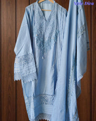 Cotton Linen Pakistani Style Crochet Lacing Semi-Stitched Suit with Linen Dupatta