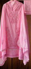 -Cotton Khadi Pakistani Style Semi-Stitched Suit with Crochet Lacing & Faux Mirror Work )