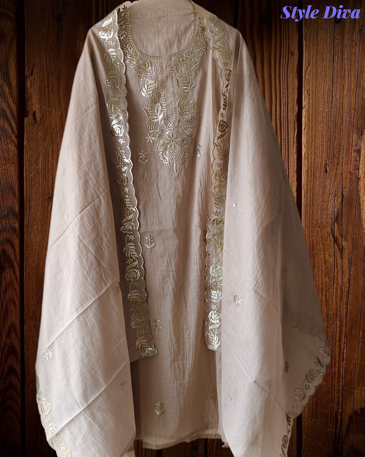 Pure Mul Chanderi Pita Work Embroidered Unstitched Suit with Dupatta