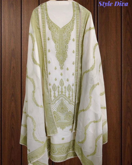Pure Cotton Weaving Embroidery Unstitched Suit with Coordinated Dupatta