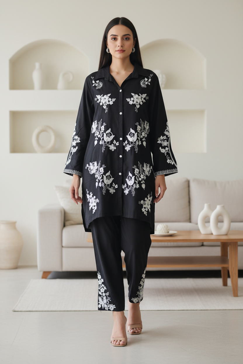 (BLACK)- Rayon Thread Embroidered Co-Ord Set for Women (2 Pc Set)