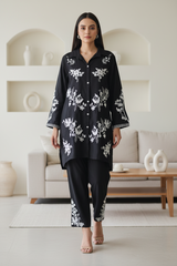 (BLACK)- Rayon Thread Embroidered Co-Ord Set for Women (2 Pc Set)