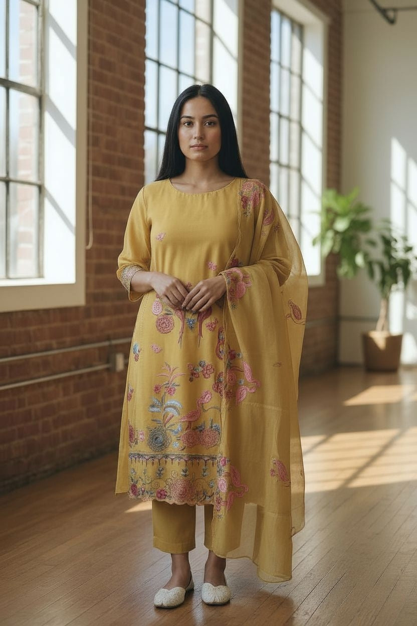 Exquisite Mul Chanderi Ensemble Adorned with Parsi Hand Embroidery