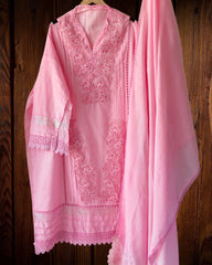 -Cotton Khadi Pakistani Style Semi-Stitched Suit with Crochet Lacing & Faux Mirror Work )