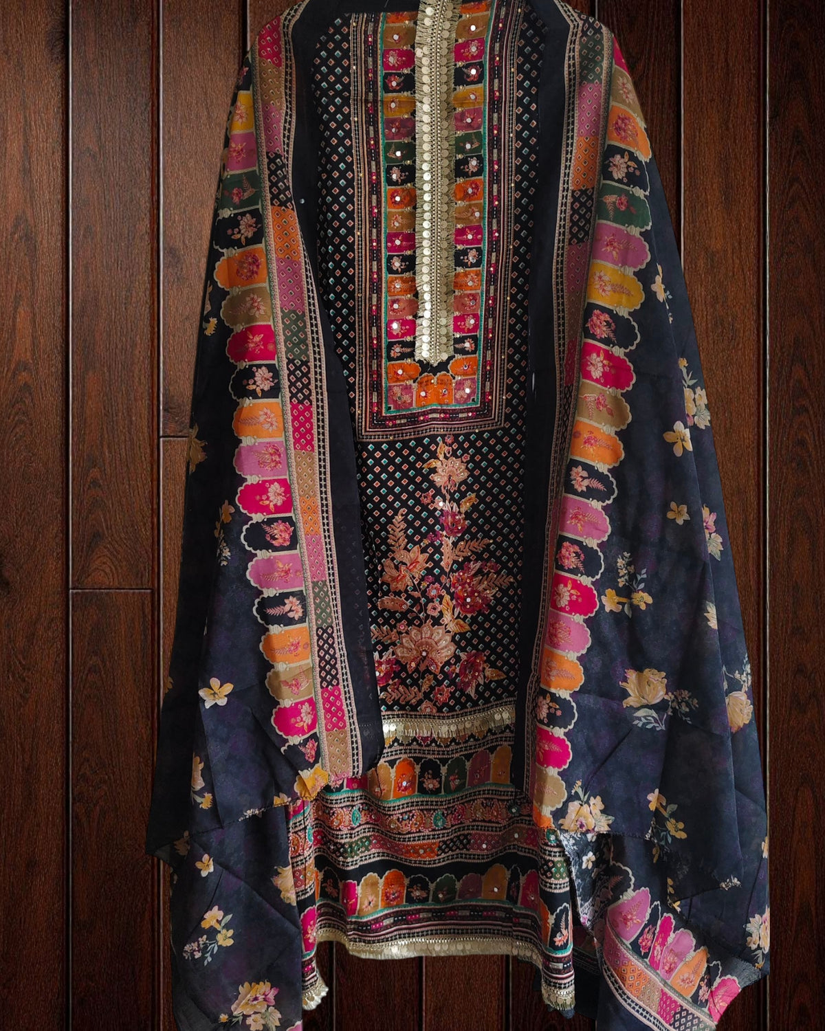 Cotton digital  Printed Suit with lacing  cotton Dupatta & mirror  Work (Unstitched)