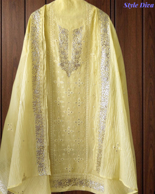 Mul Cotton Parsi Embroidered Unstitched Suit with Pita Work Dupatta