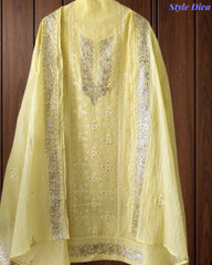 Mul Cotton Parsi Embroidered Unstitched Suit with Pita Work Dupatta