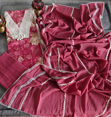 Karachi designer PURE Cotton crochia lacing  UNSTITCHED SUIT with muslin dupatta n rayon bottom